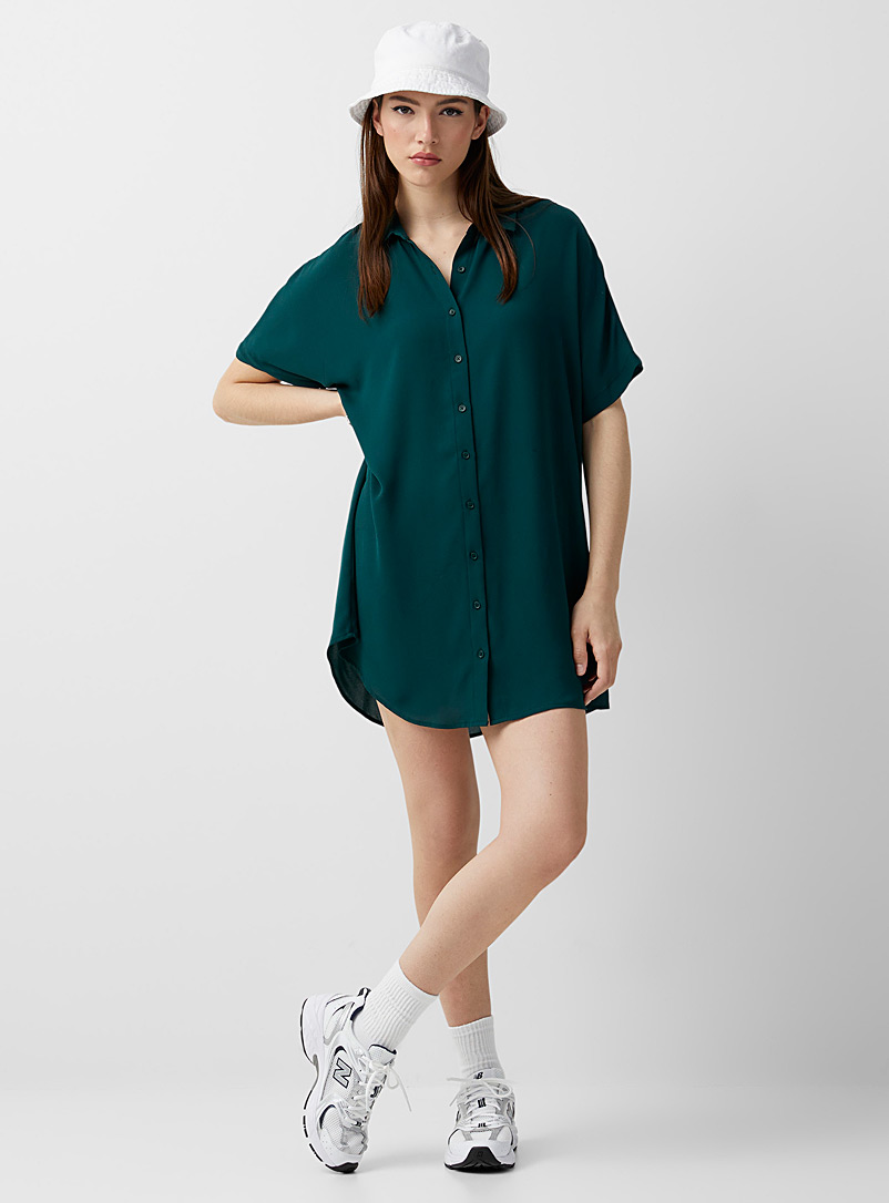 Twik Bottle Green Recycled polyester flowy shirtdress for women