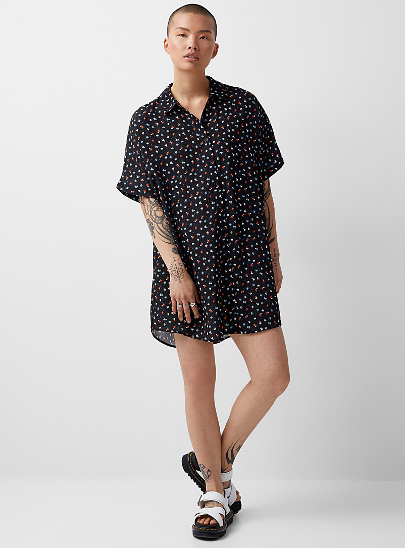 Twik Patterned Black Recycled polyester flowy shirtdress for women