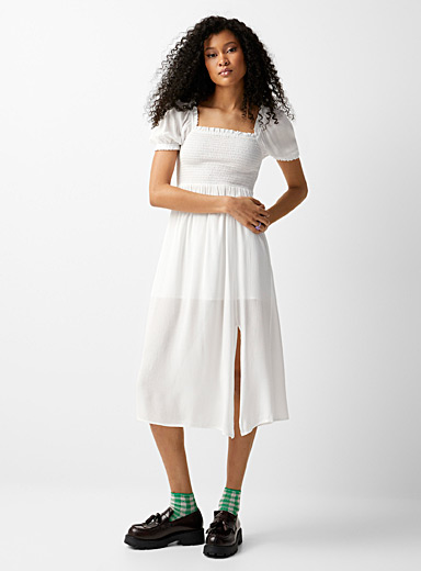 Twik White Puff-sleeve smocked midi dress for women