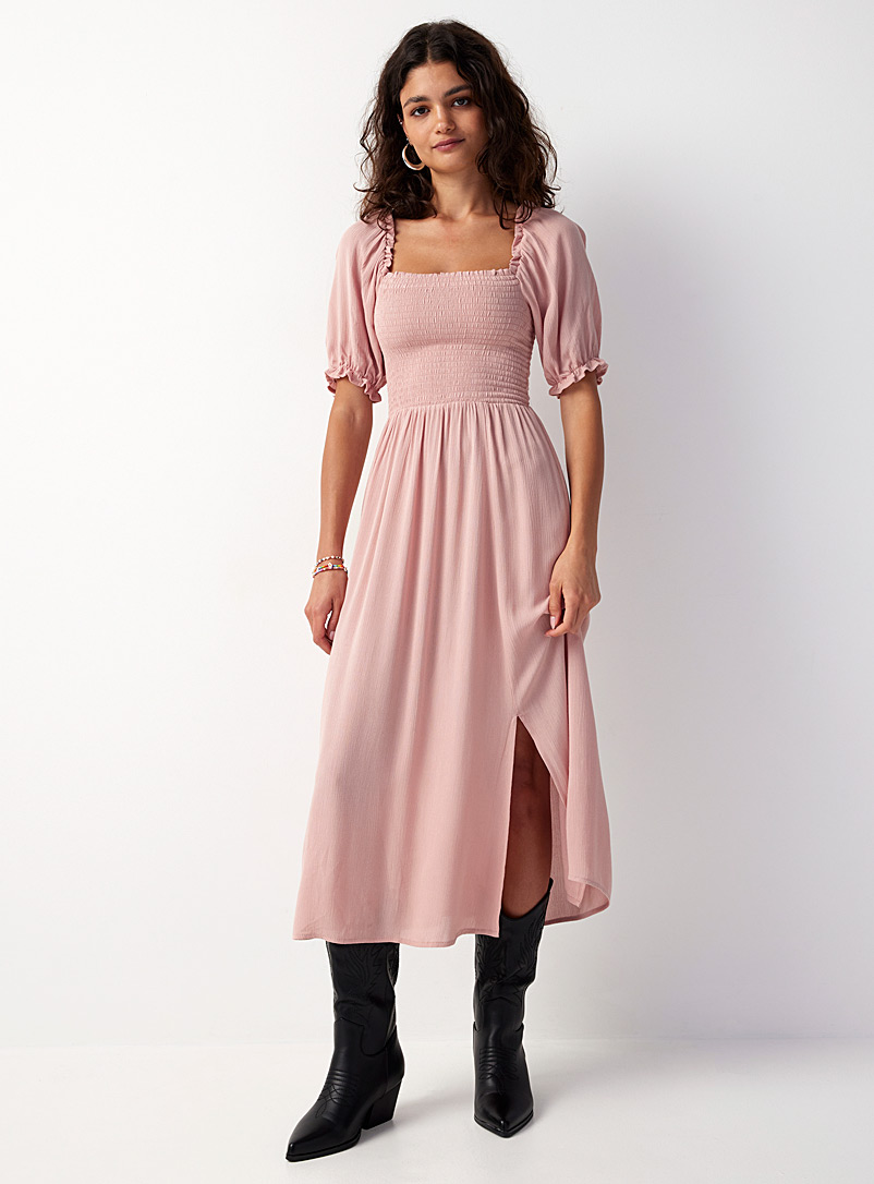 Twik Pink Puff-sleeve smocked midi dress for women