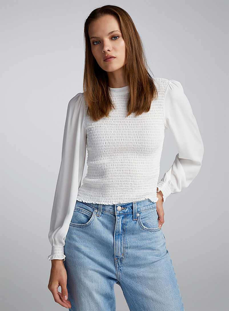 Twik White Smocked puff-sleeve blouse for women