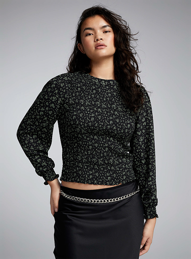 Twik Patterned Black Smocked puff-sleeve blouse for women