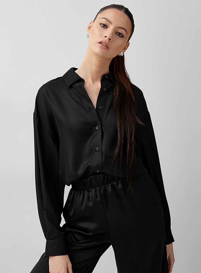 Icône Black Shiny flowy chiffon blouse for women