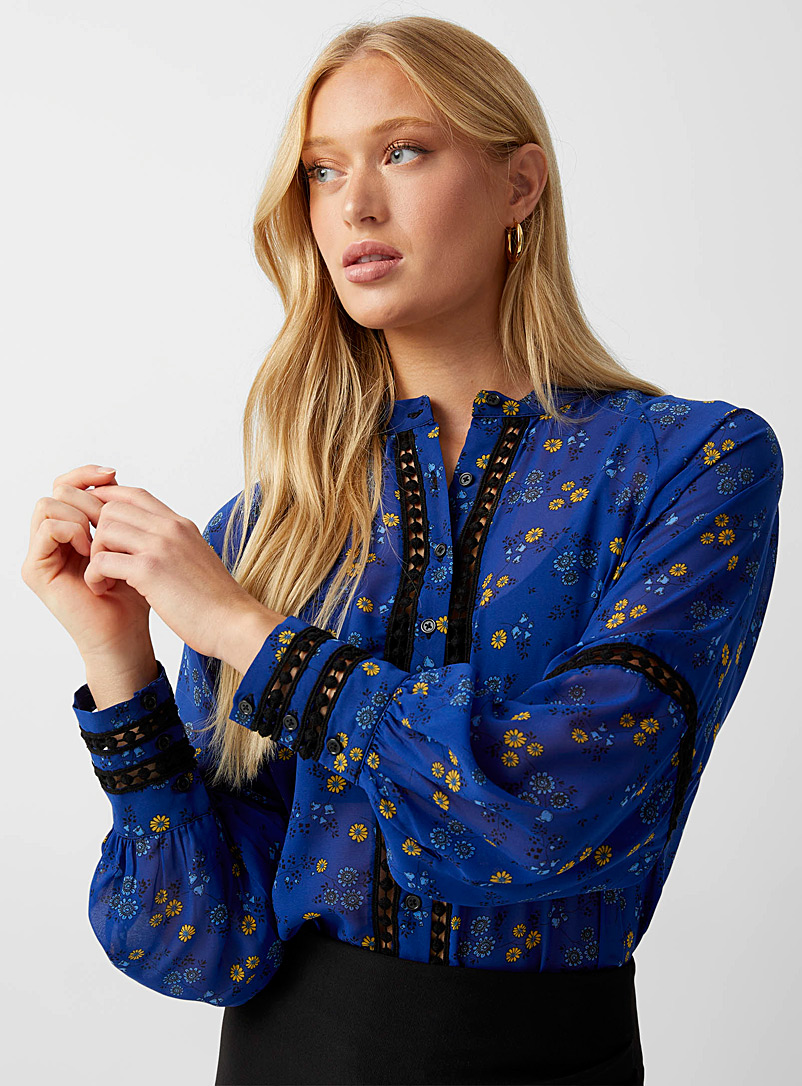 Icône: La blouse chiffon fleurs et crochet Bleu pour femme