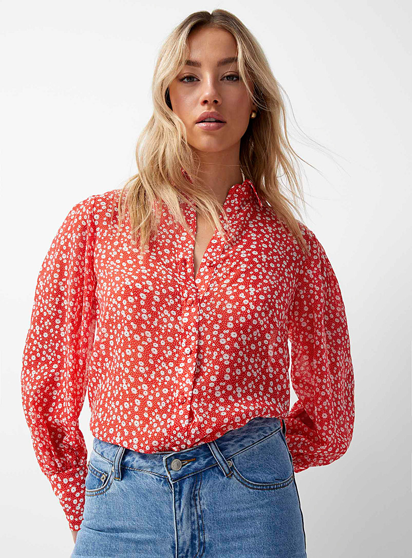 Icône Patterned Red Floral garden puff-sleeve blouse for women