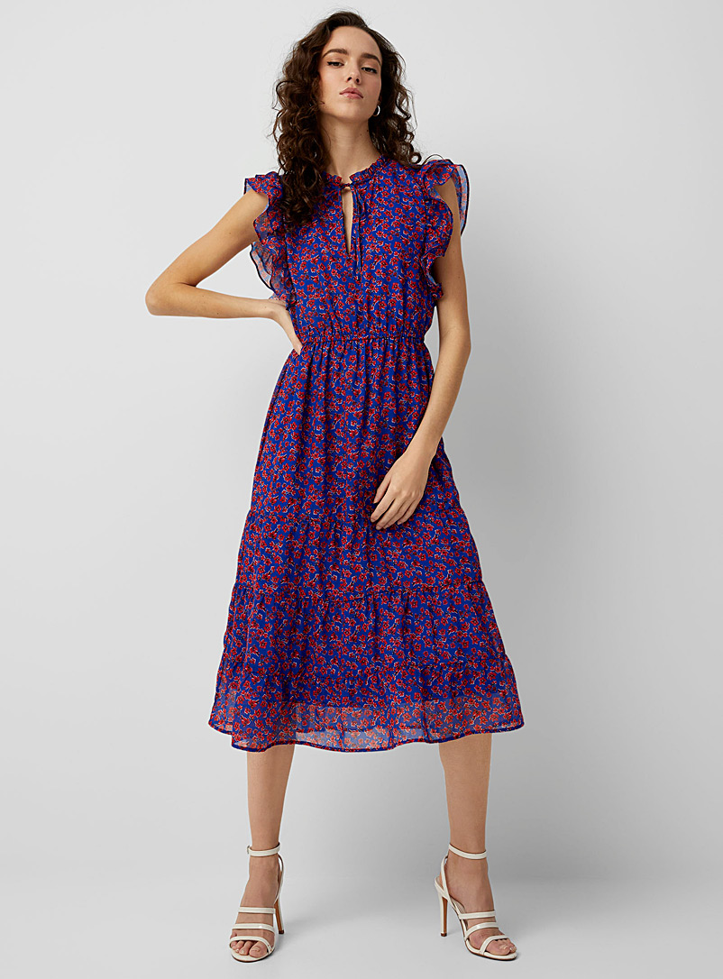 Icône Patterned Blue Ruffled floral midi dress for women