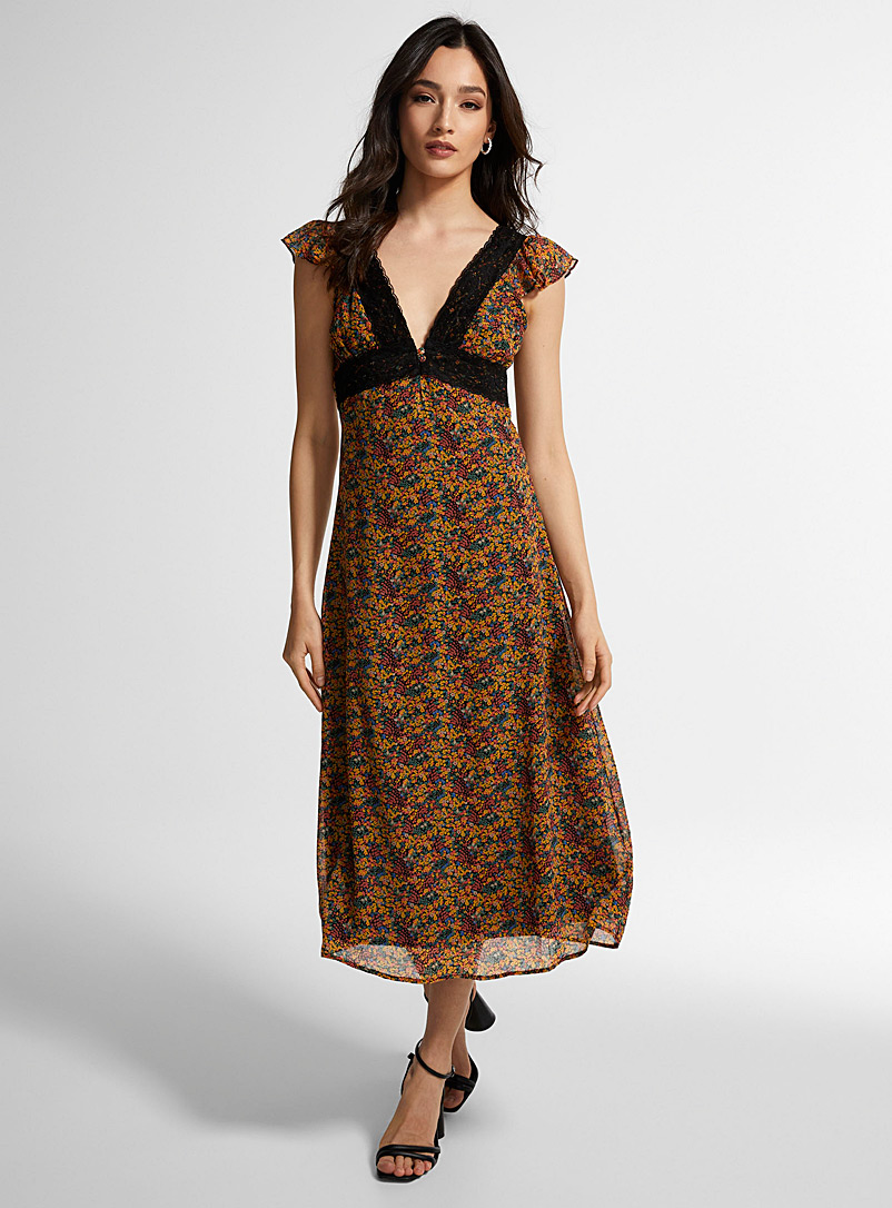 Icône Patterned Yellow Flower and lace midi dress for women