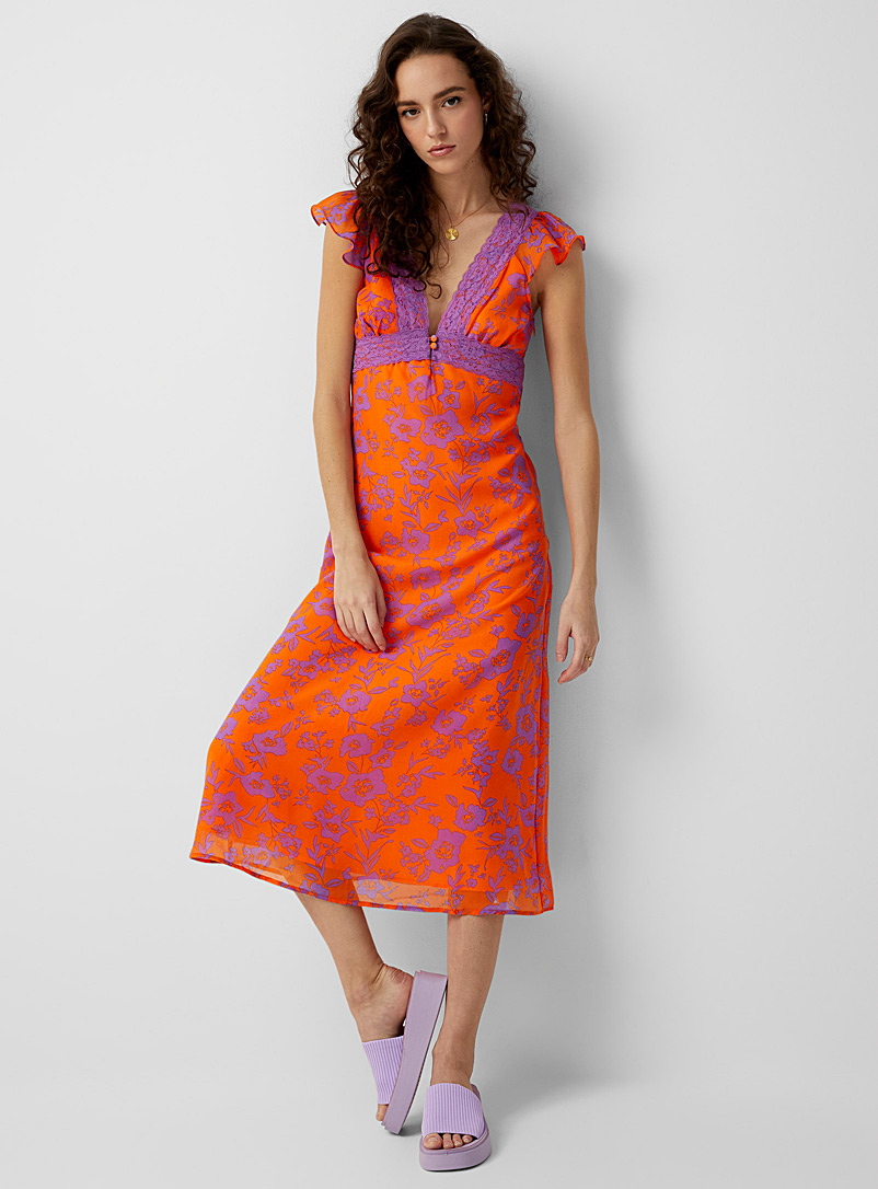 Icône Patterned Orange Flower and lace midi dress for women