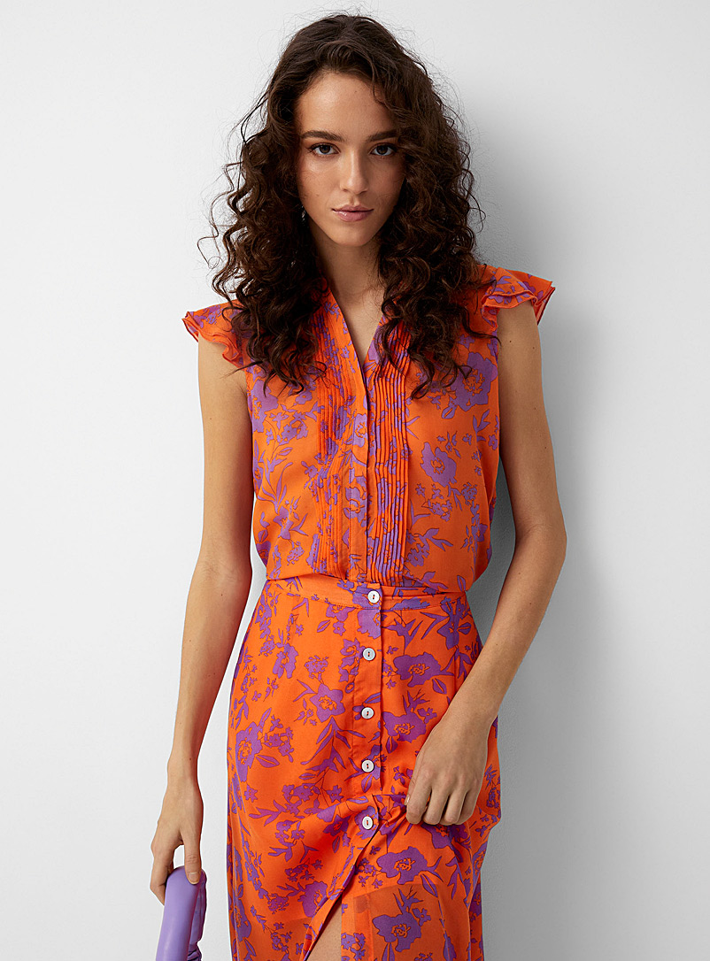 Icône: La blouse volants jardin fleuri Orange à motifs pour femme