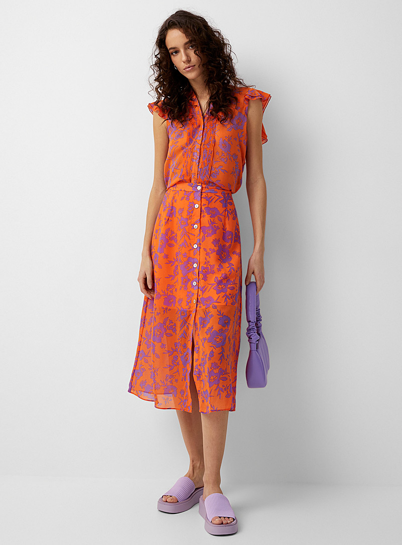 Icône Patterned Orange Floral garden buttoned midi skirt for women