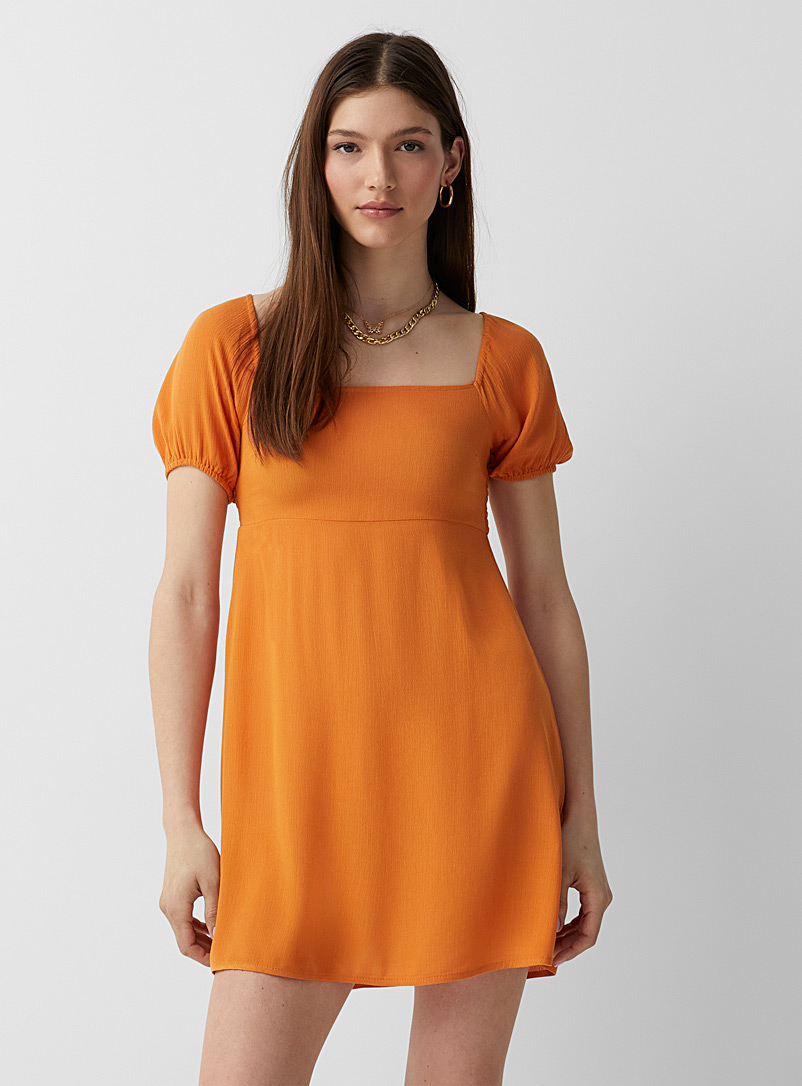 Twik Light Orange Puff-sleeve square-neck dress for women