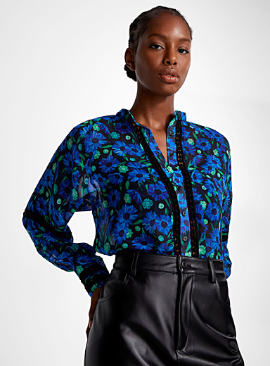 Icône: La blouse chiffon détails ajourés Bleu à motifs pour femme