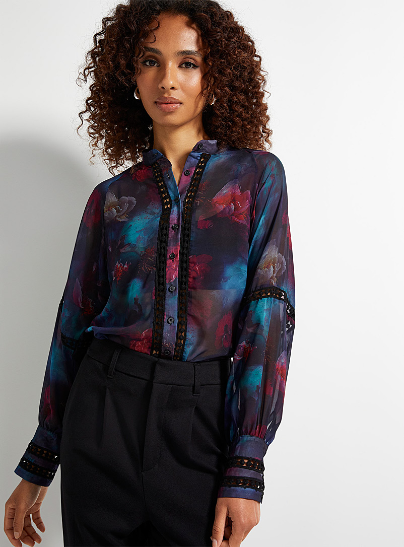 Icône Patterned Black Openwork details chiffon blouse for women