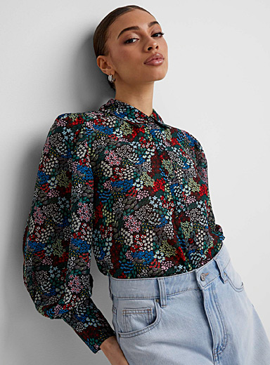 TingYiLi Vintage Floral Print Ruffle Sleeve Chiffon Shirts Women