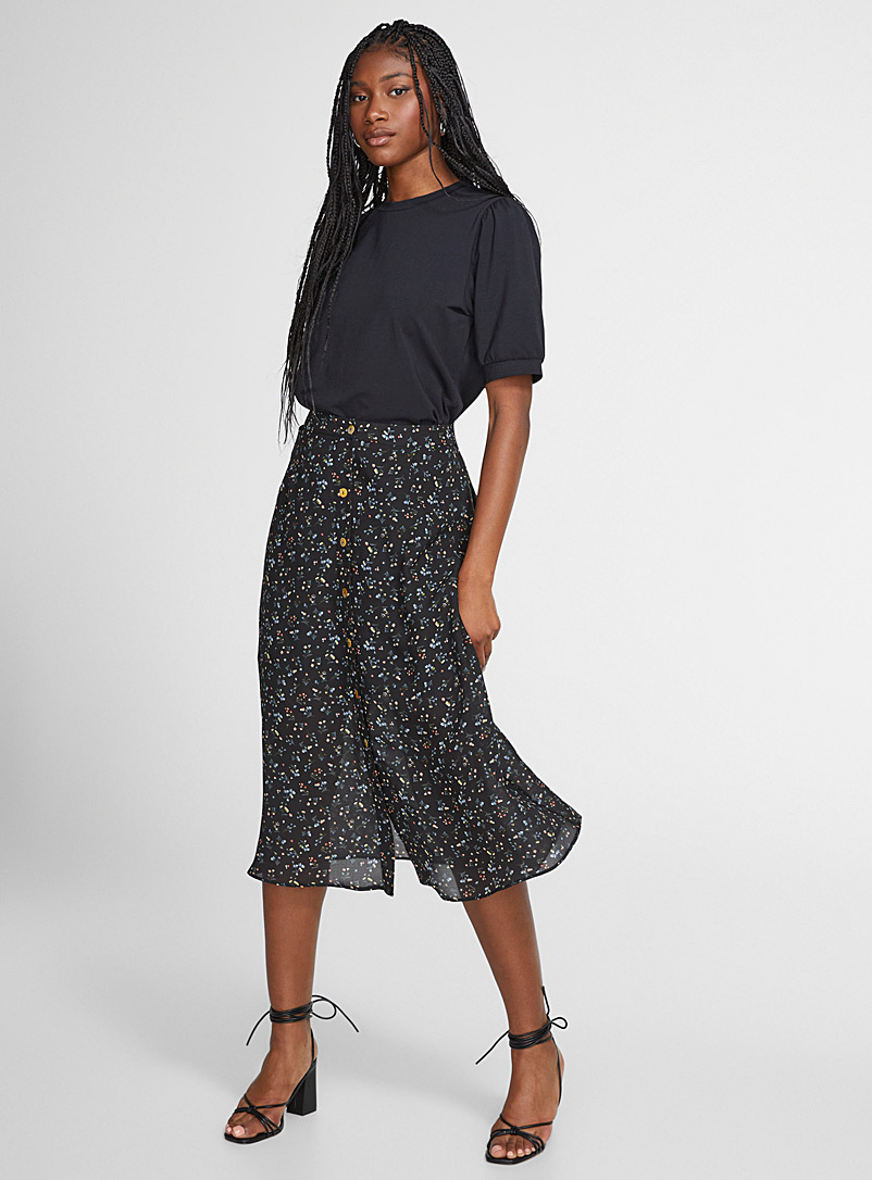 Icône Patterned Black Button-front light chiffon midi skirt for women