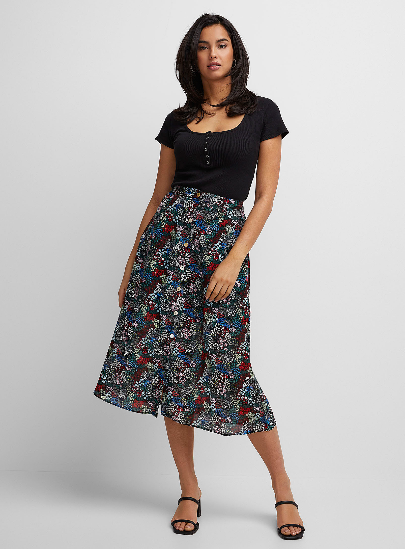 Icone Button-front Light Chiffon Midi Skirt In Assorted
