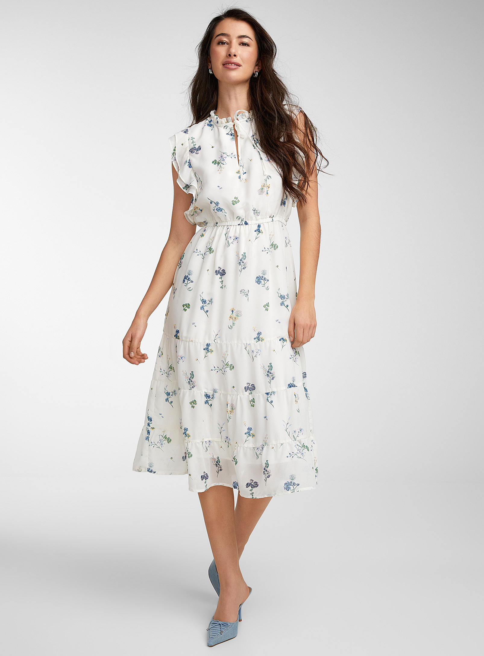 Icone Ruffled Floral Long Dress In Patterned Ecru