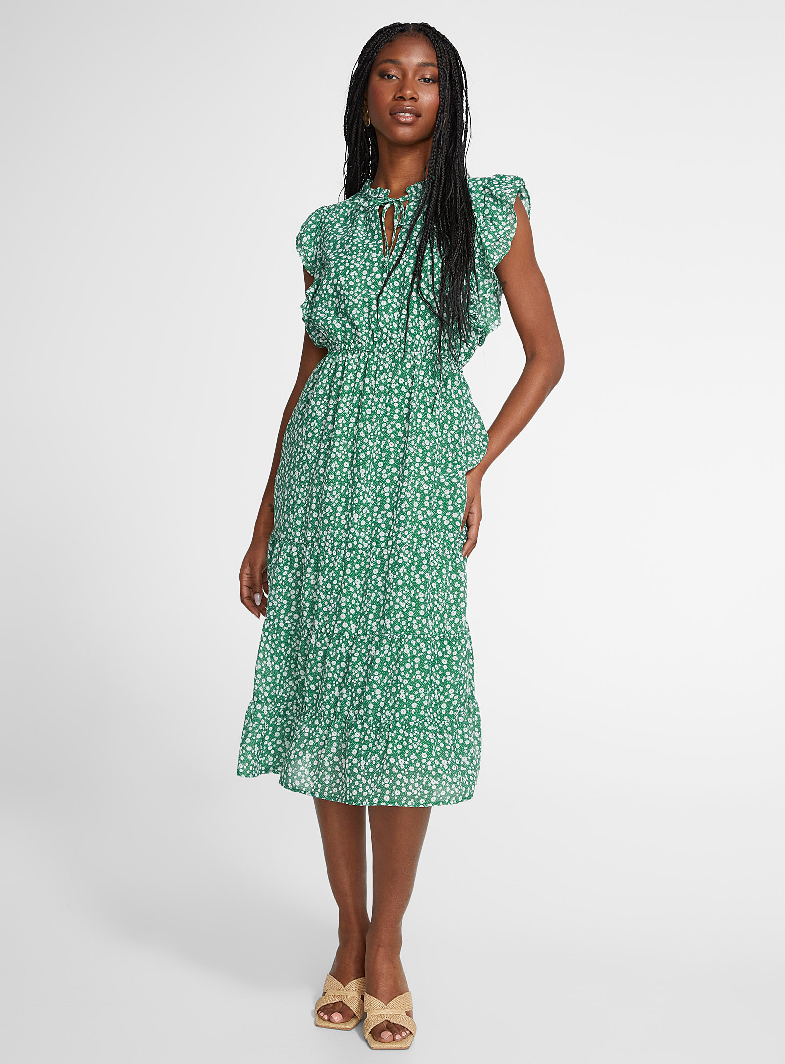 Icone Ruffled Floral Long Dress In Patterned Green