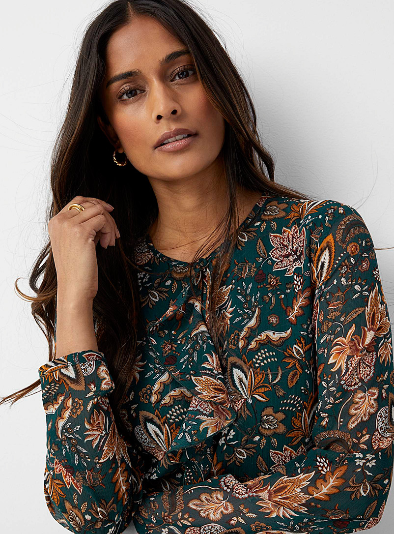 Contemporaine Patterned Green Ruffled floral paisley blouse for women