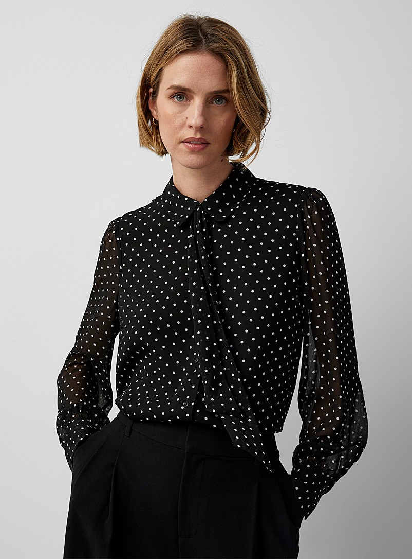 Contemporaine Patterned Ecru Polka dot tie-neck blouse for women
