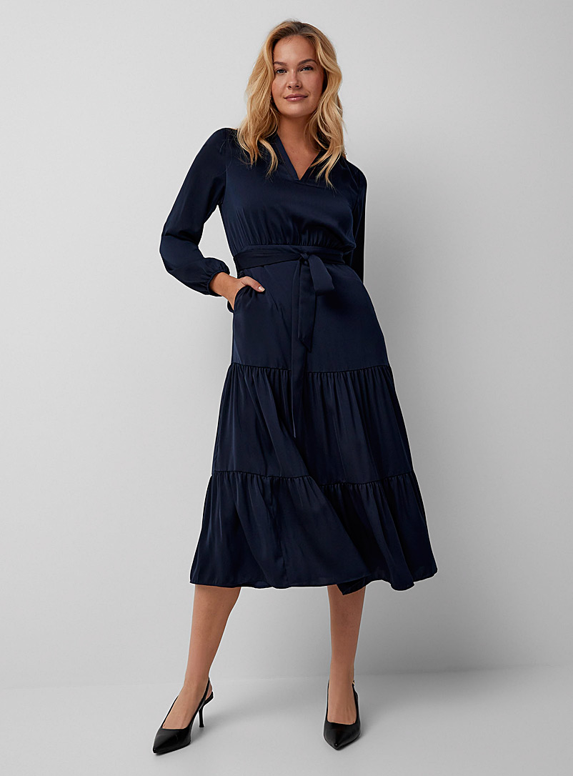 Blue Abstract Print Puff Sleeve Tiered Wrap Midi Dress