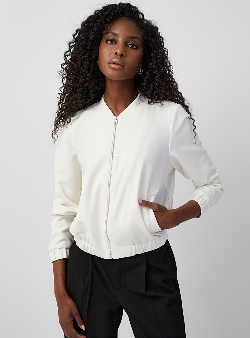 Contemporaine Ivory White Metallic accent minimalist bomber jacket for women