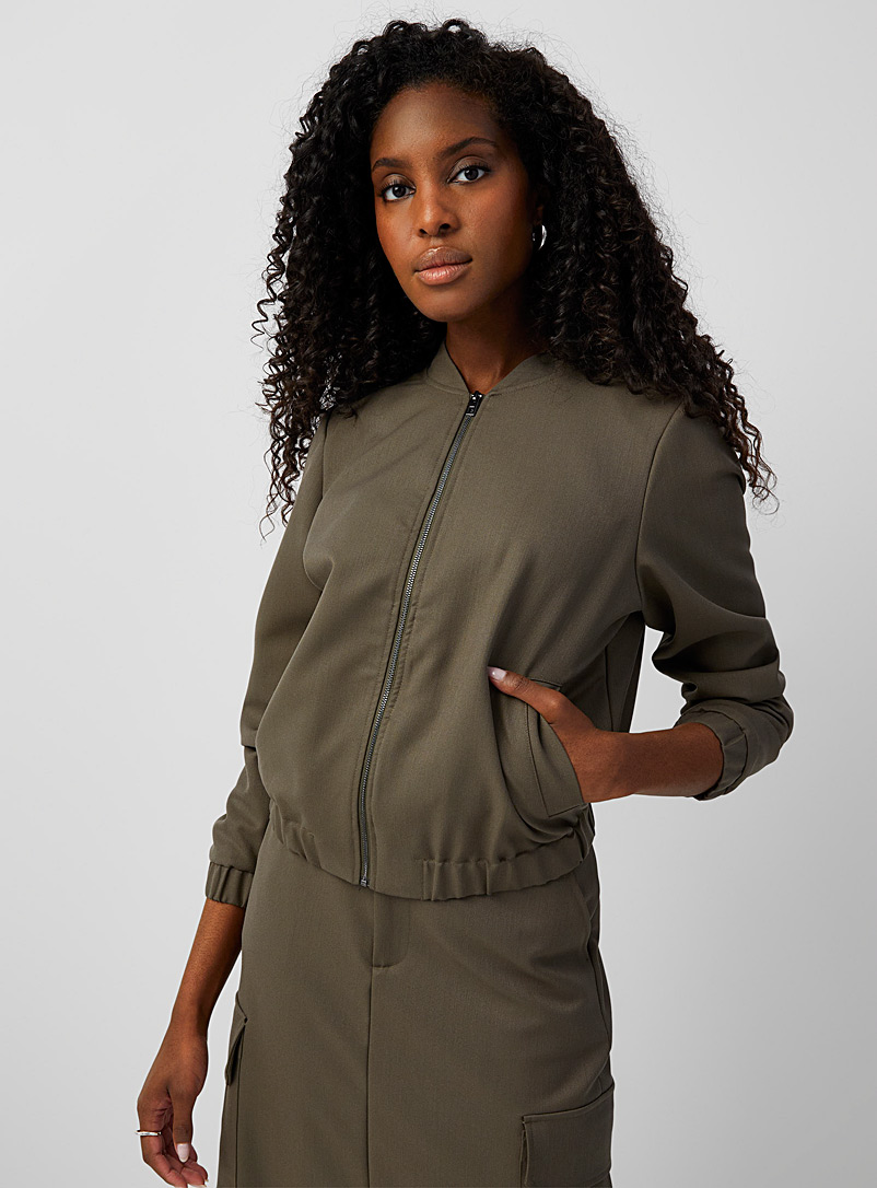 Contemporaine Mossy Green Metallic accent minimalist bomber jacket for women