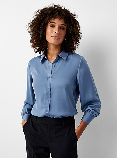 Contemporaine Slate Blue Puff-sleeve satiny shirt for women