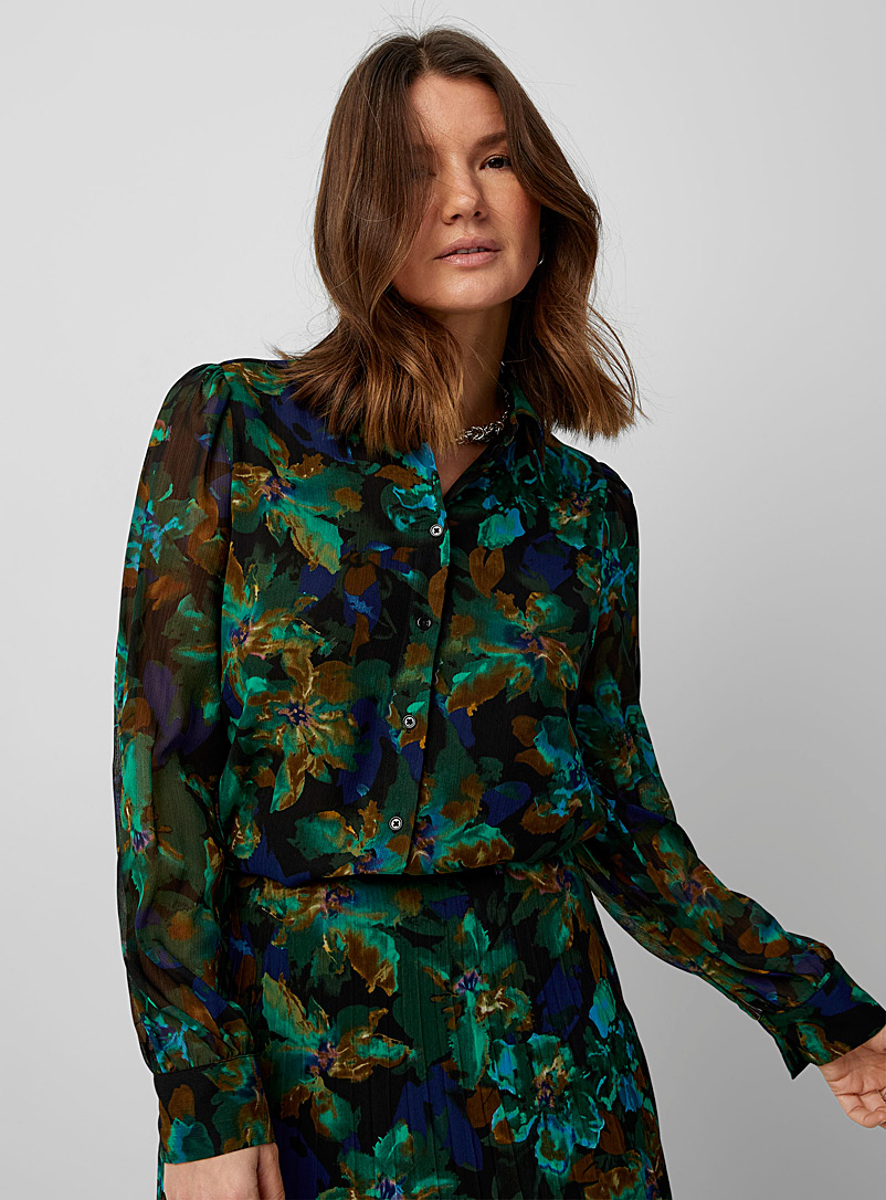 Contemporaine: La blouse fluide aquarelle tropicale Vert à motif pour femme