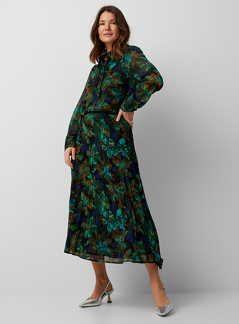 Contemporaine: La jupe plissée aquarelle tropicale Vert à motif pour femme