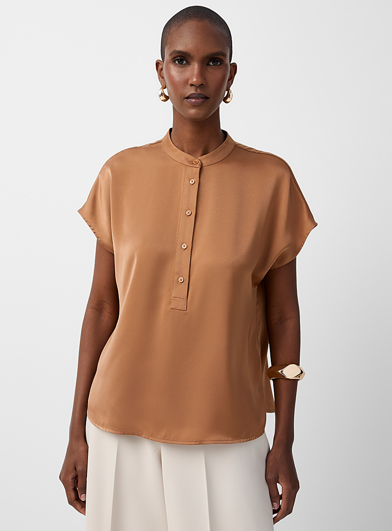 Contemporaine Hazelnut Cap-sleeve satiny blouse for women