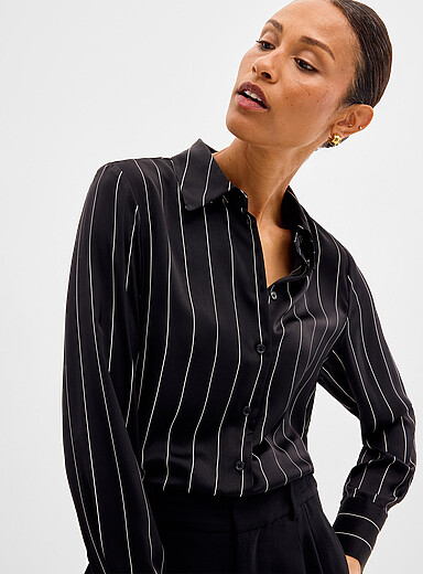 Contemporaine: La chemise satin&eacute;e rayures banquier Noir pour femme