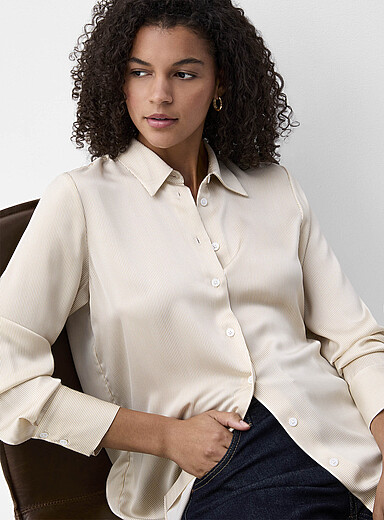 Contemporaine: La chemise satin&eacute;e rayures banquier Ivoire - Beige cr&egrave;me pour femme