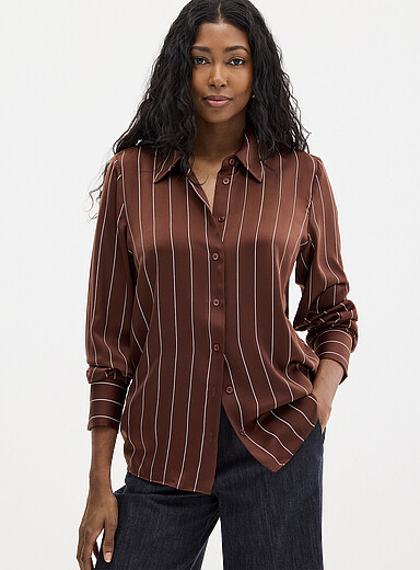 Contemporaine: La chemise satin&eacute;e rayures banquier Brun pour femme
