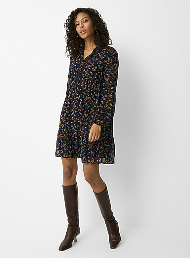 Contemporaine Patterned Blue Crocheted trims floral chiffon dress for women