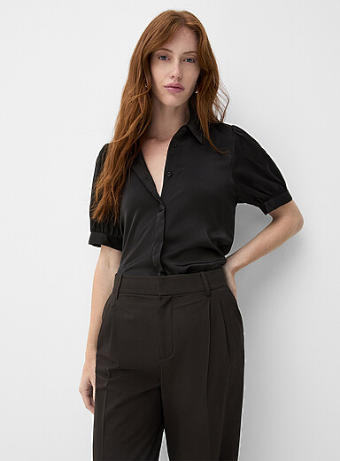 Contemporaine: La chemise ample satin&eacute;e manches bouffantes Noir pour femme
