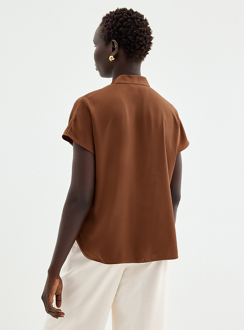 Contemporaine Brown Flowy satin cap-sleeve blouse for women