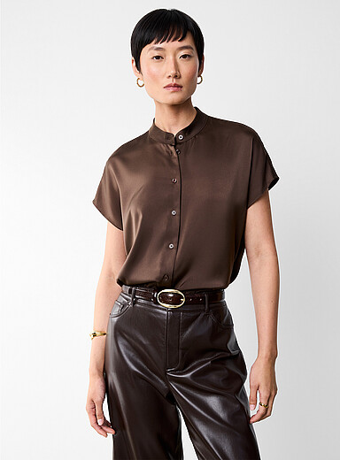 Contemporaine Chocolate/Espresso Flowy satin cap-sleeve blouse for women