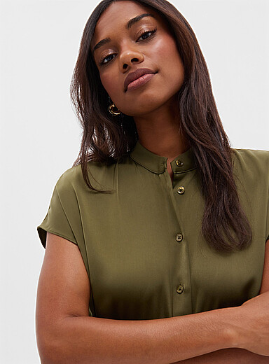 Contemporaine Pine/Bottle Green Flowy satin cap-sleeve blouse for women