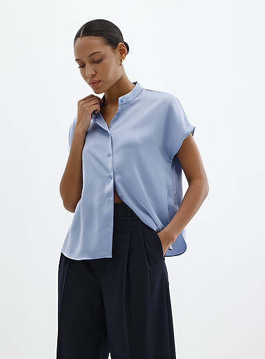 Contemporaine Baby Blue Flowy satin cap-sleeve blouse for women