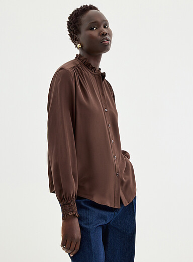 Contemporaine: La blouse &agrave; frisons pure soie Blanc cass&eacute; pour femme