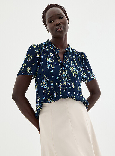 Ruffled collar printed chiffon blouse