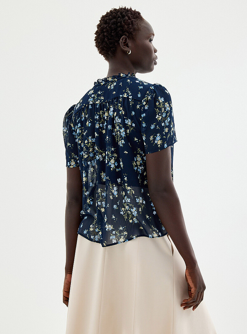 Contemporaine: La blouse chiffon imprim&eacute; col frison Ivoire - Beige cr&egrave;me pour femme
