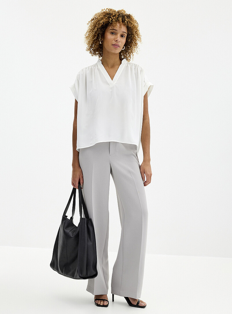 Contemporaine Off White Pleated cap-sleeve pure silk blouse for women