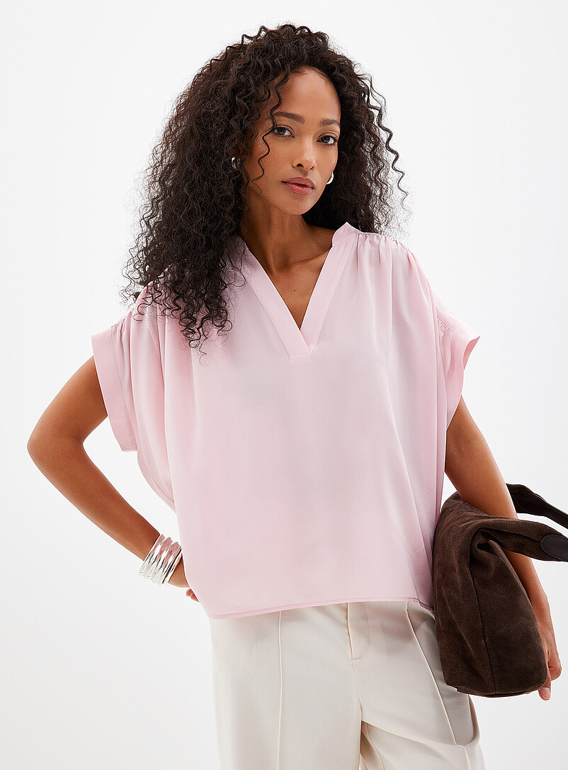 Contemporaine: La blouse pure soie mancherons pliss&eacute;s Blanc cass&eacute; pour femme