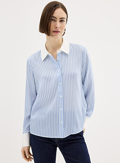 Sky-blue striped pure silk shirt
