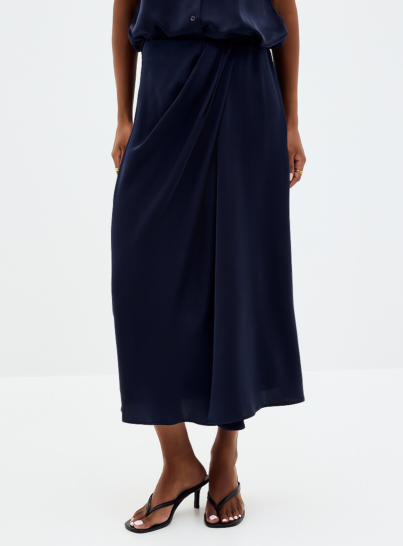 Contemporaine: La jupe satin&eacute;e taille drap&eacute;e Bleu marine - Bleu nuit pour femme