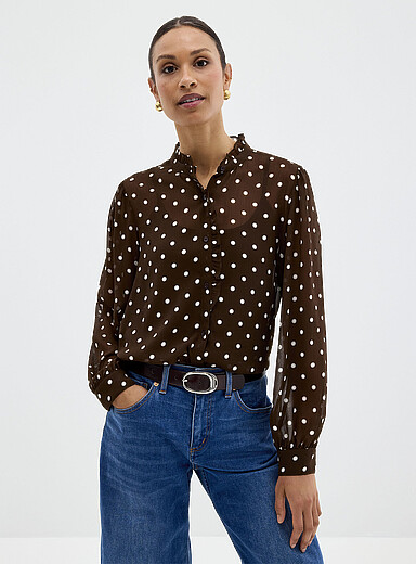 Contemporaine: La blouse chiffon imprim&eacute; &agrave; col frison Brun &agrave; motifs pour femme