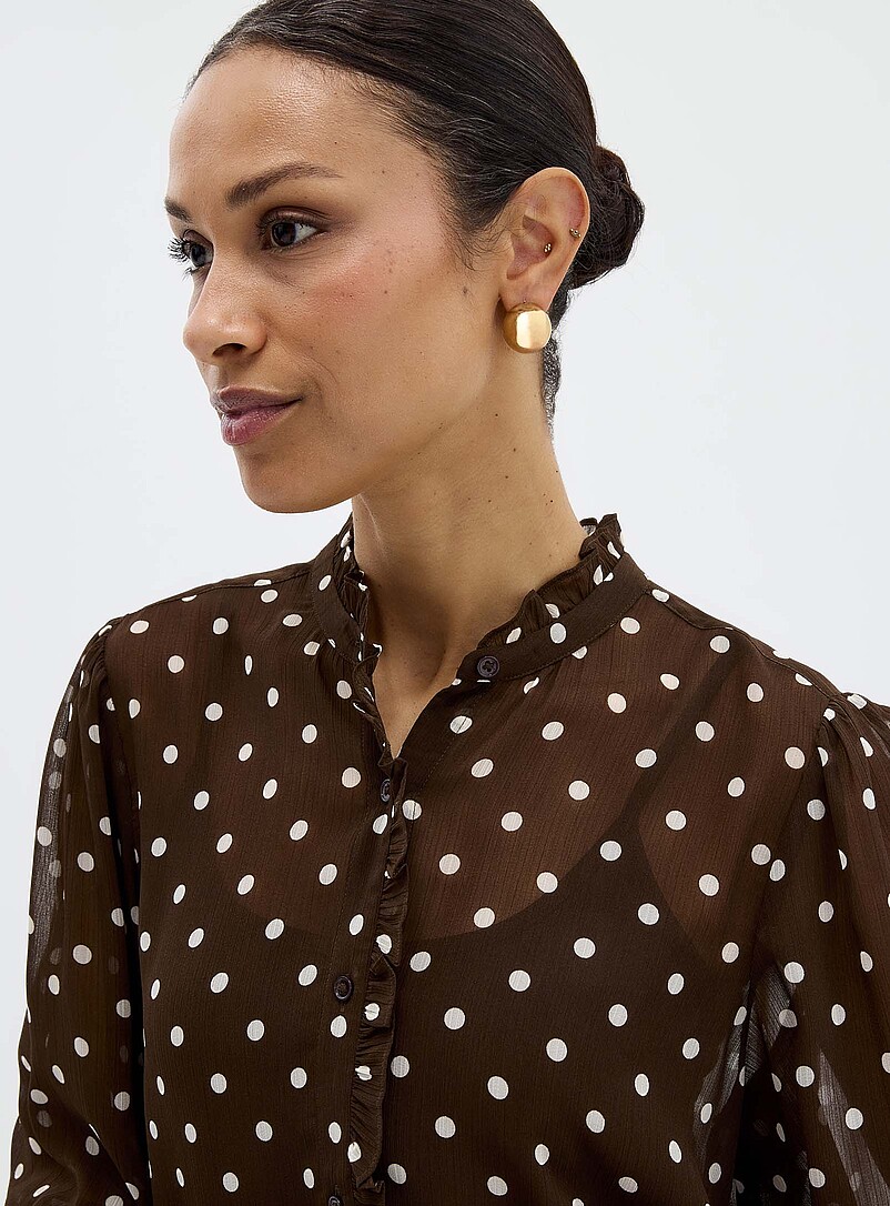 Contemporaine: La blouse chiffon imprim&eacute; &agrave; col frison Orange &agrave; motifs pour femme