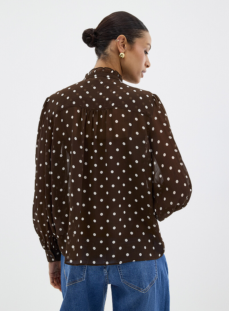 Contemporaine: La blouse chiffon imprim&eacute; &agrave; col frison Orange &agrave; motifs pour femme